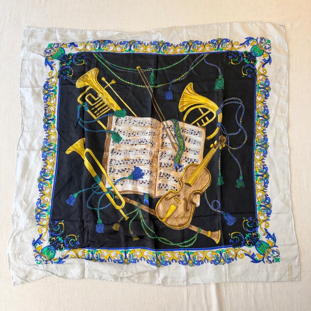 Vintage Musical Instrument Scarf Womens OS White Black Silk Baroque 31x33